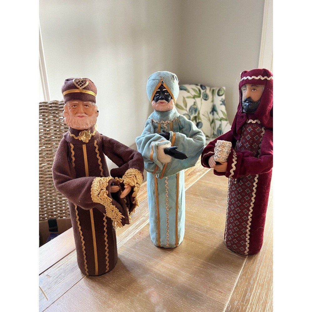 3 Vintage Rubber Faced Handmade Wisemen 50s Christmas Decor Kitsch